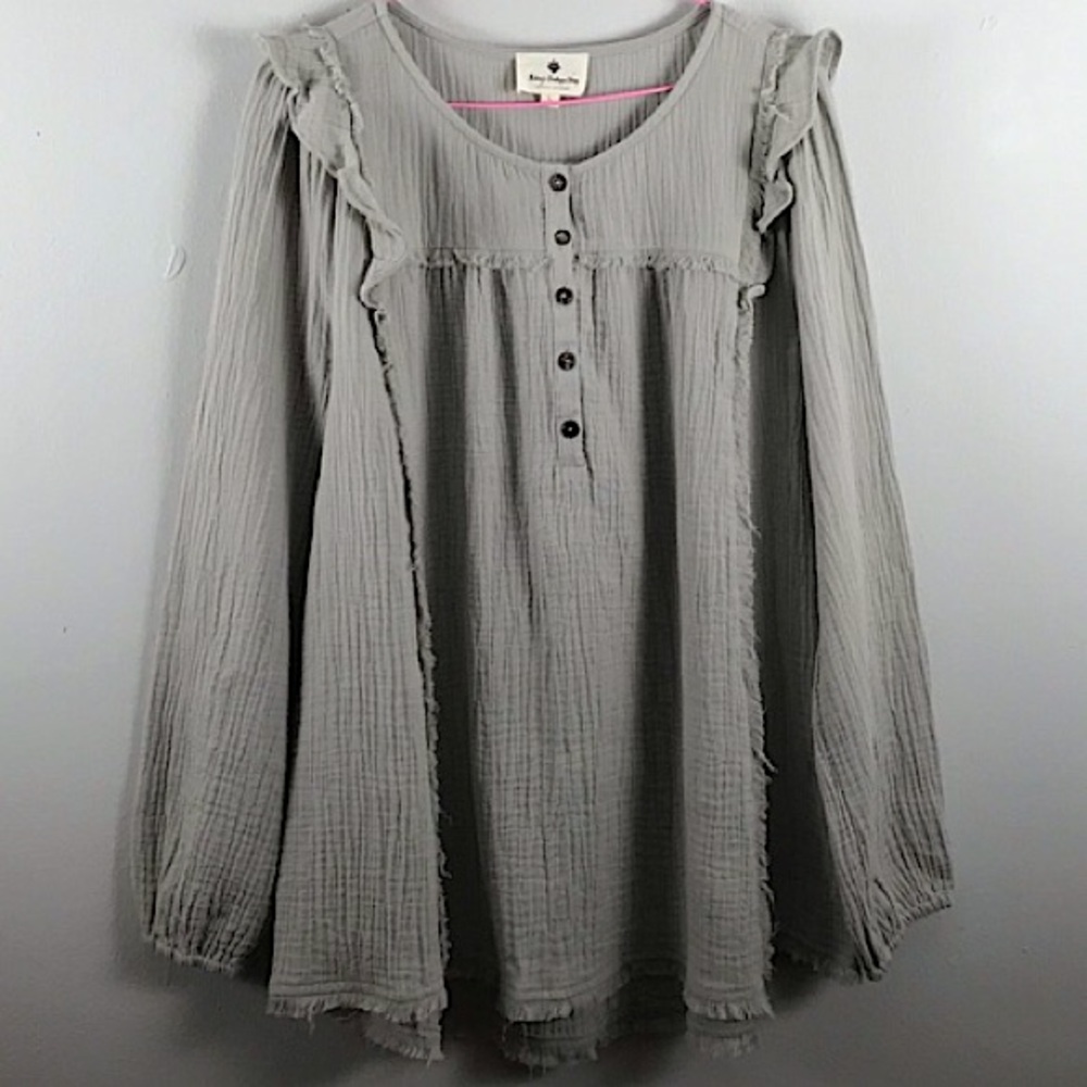 Betseys Boutique Textured Cotton Gauze Ruffle Long Sleeve Blouse